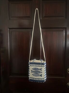 Beaded Navy and Cream Fish Crossbody Tote - Woven Straw Look